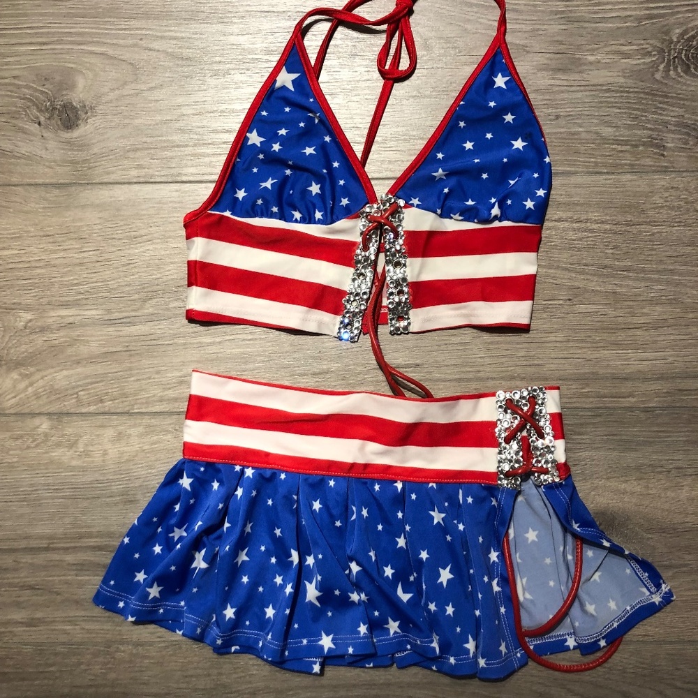 Crystal rhinestone Stars and Stripes go go dancer top skirt set outfit one size